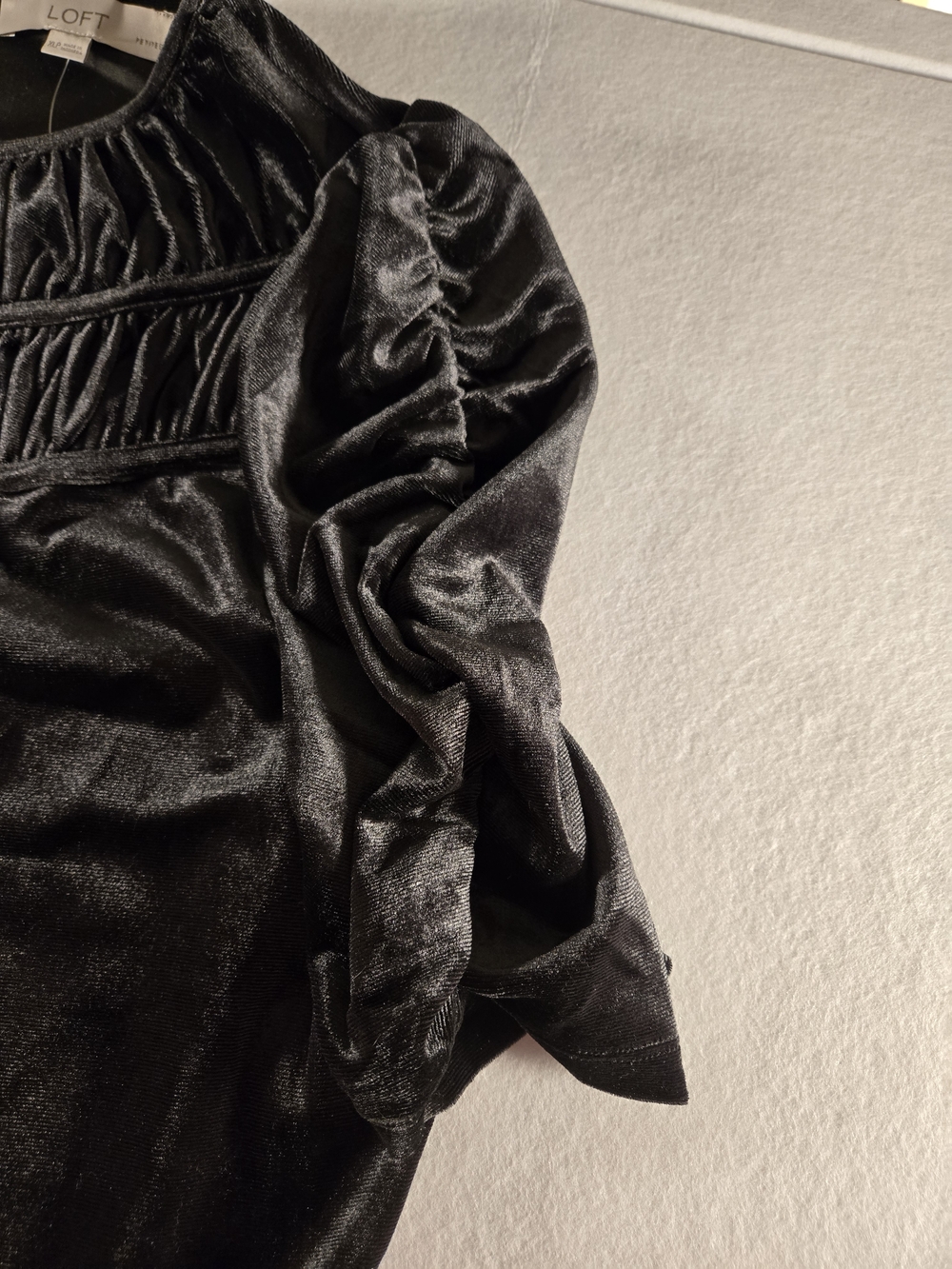 LOFT Black Velvet Short-Sleeve Ruched Yoke Top Petite XL - Picture 5 of 6